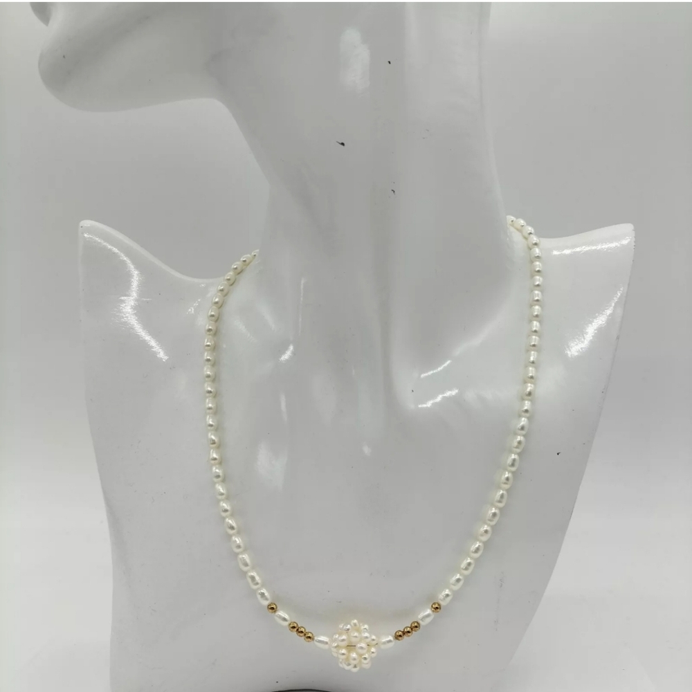 Cultured Rice Pearl Necklace, 18K Gold Beads & Clasp Vintage Choker W/Pendant